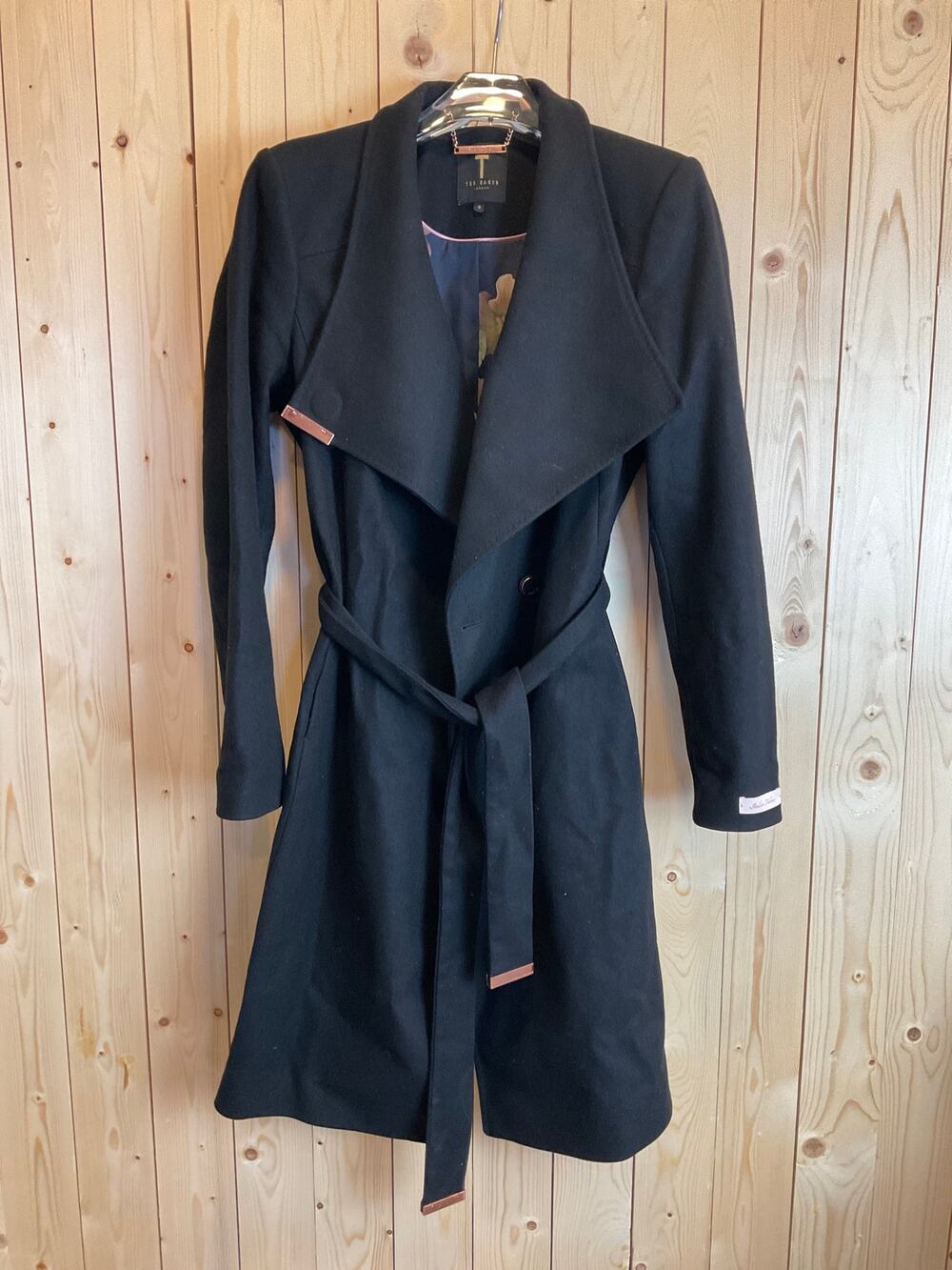 Ted Baker "Sandra" Wool Blend Long Wrap Coat, Black - Size 3 (Medium)